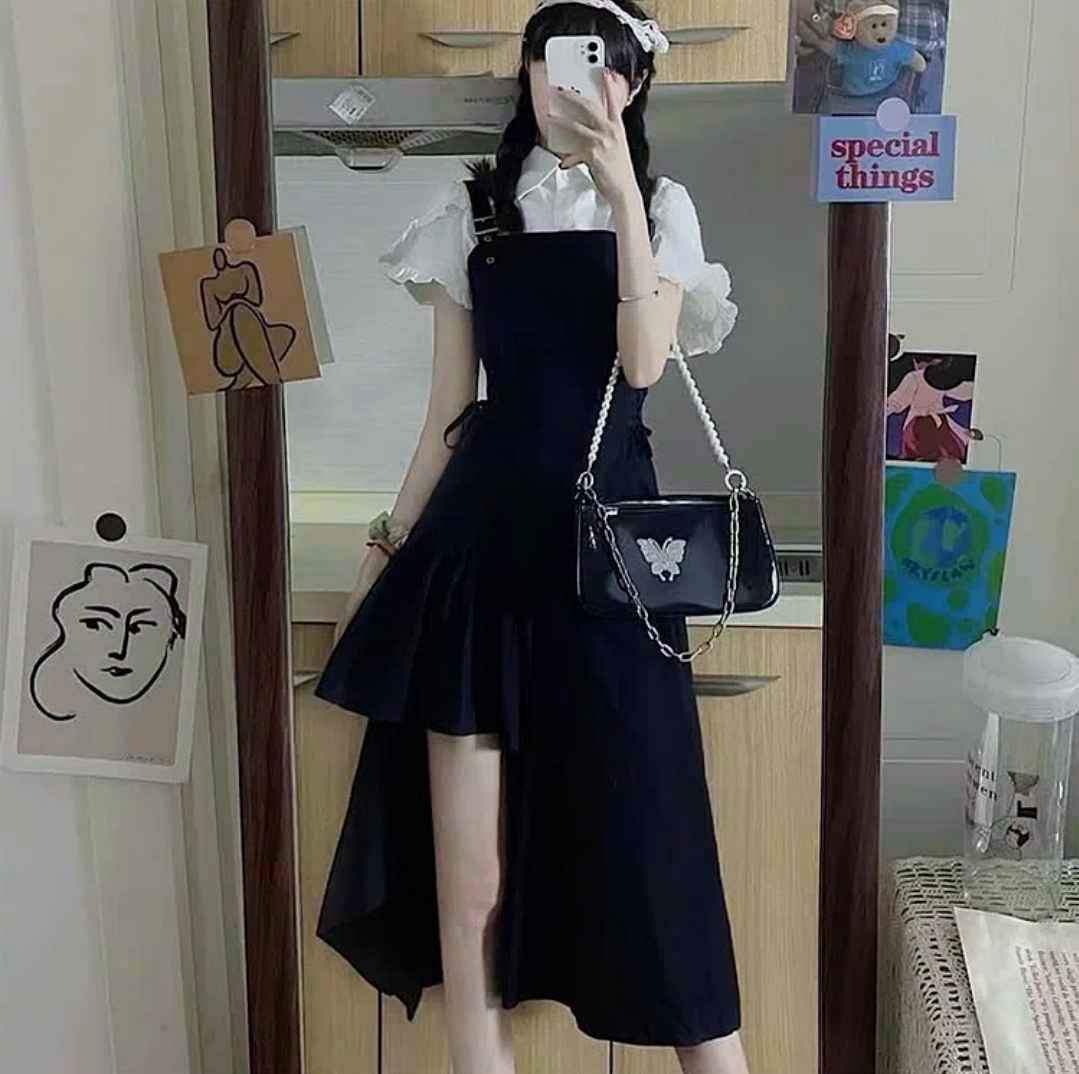 JK Flouncing Sleeve Tie Polo T-Shirt Irregular Lace Up Suspender Dress