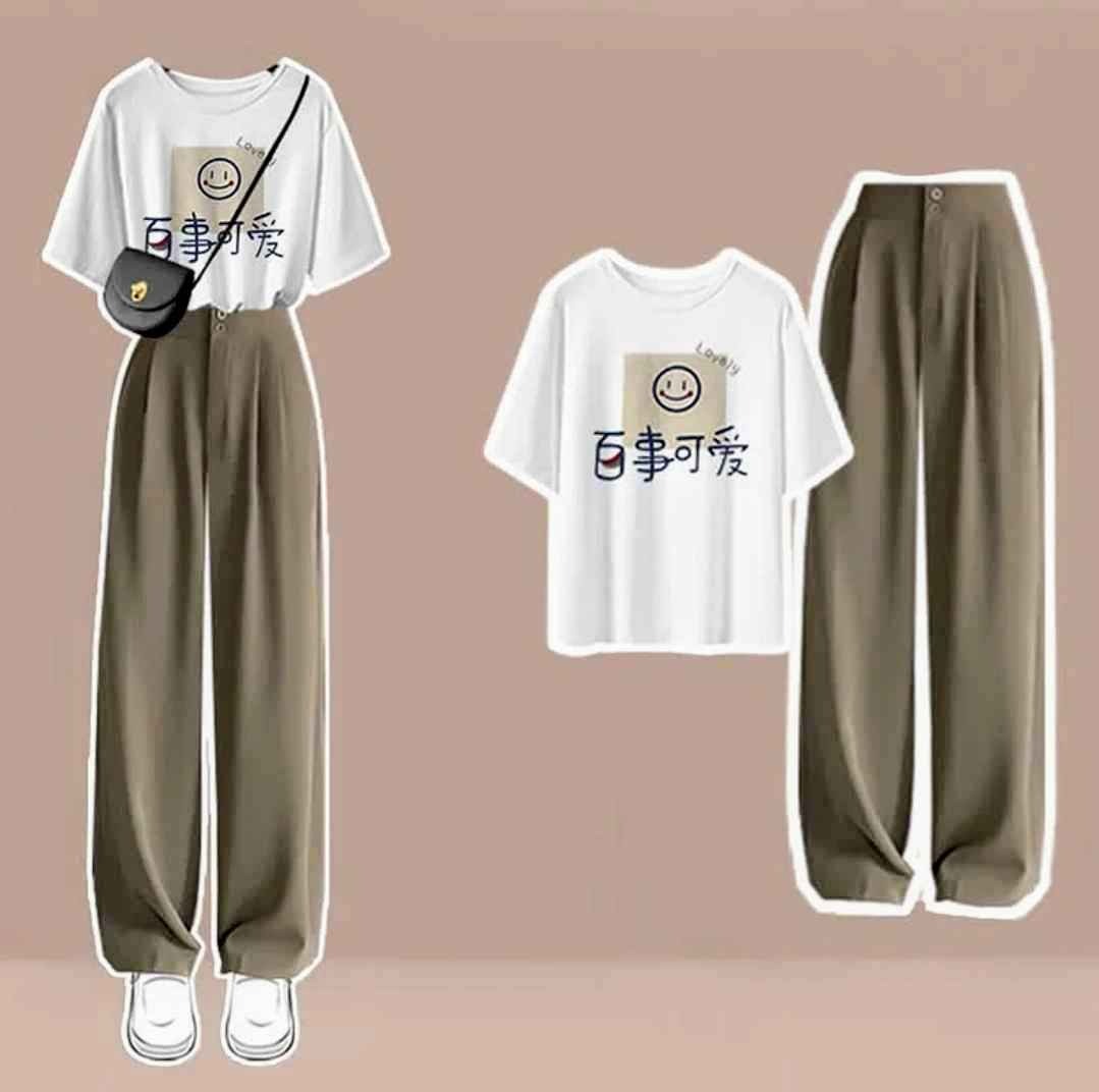 Cartoon Print Round Collar T-Shirt High Waist Wide Leg Pants