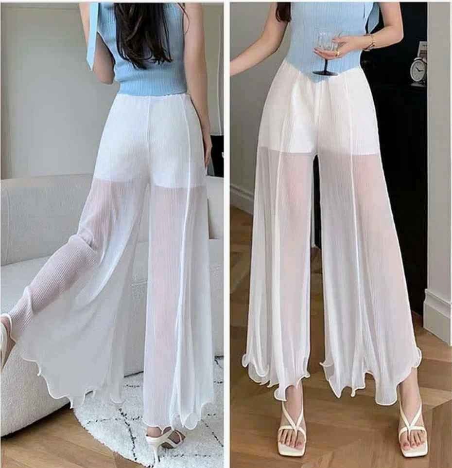 High Waist Chiffon See Through Wide Leg Flared Pants