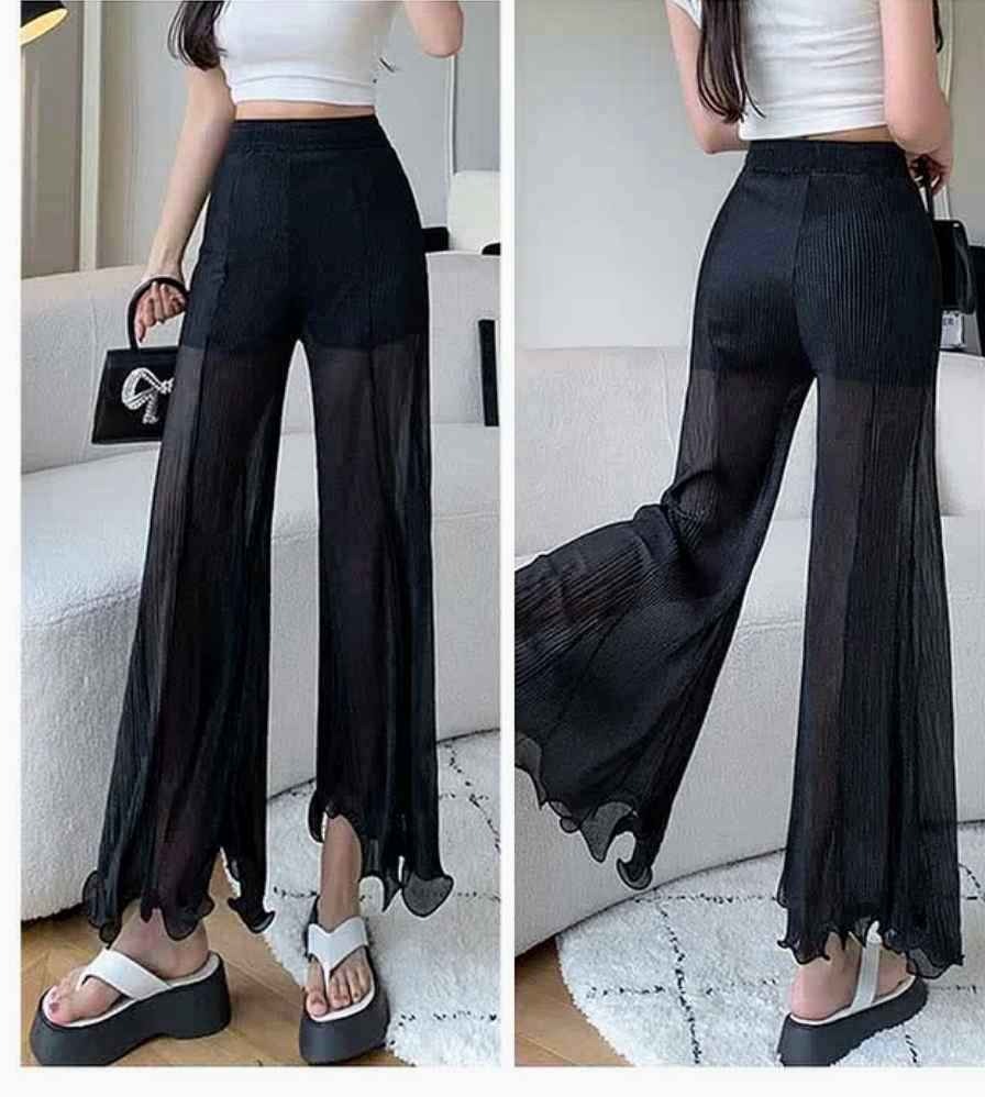 High Waist Chiffon See Through Wide Leg Flared Pants