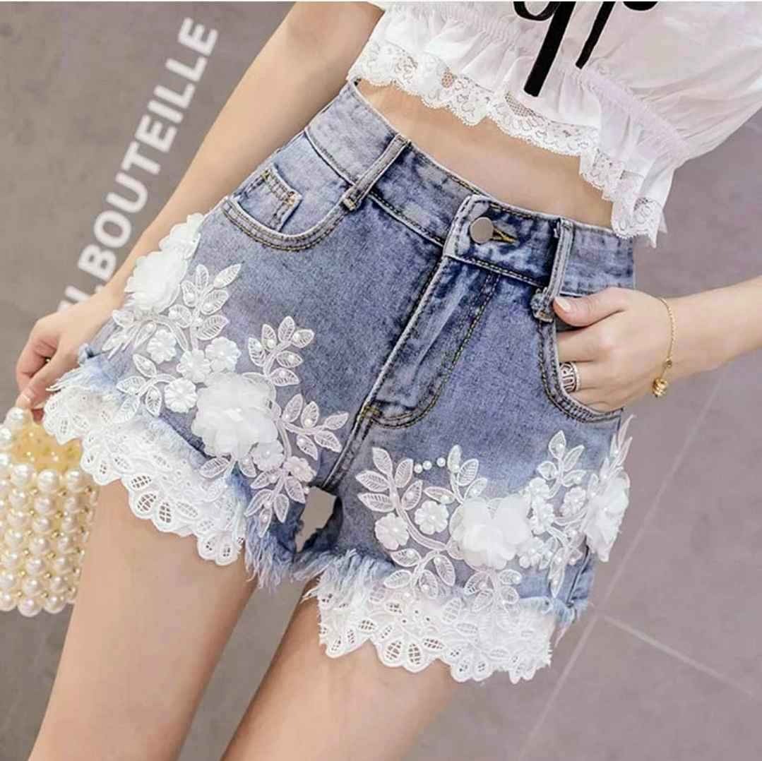 Blossom Embroidery Lace Denim Shorts