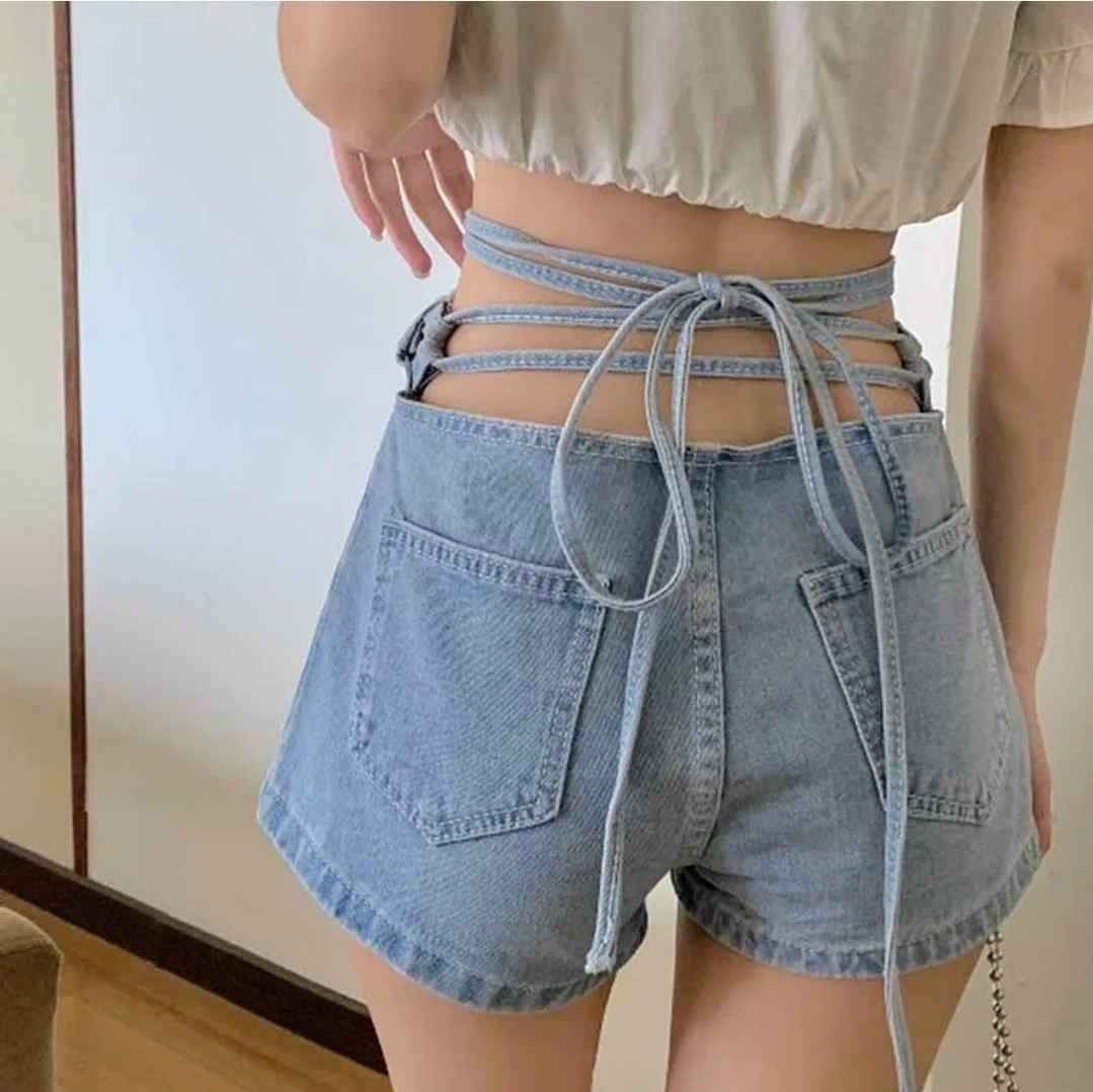 Lace Up High Waist Denim Shorts