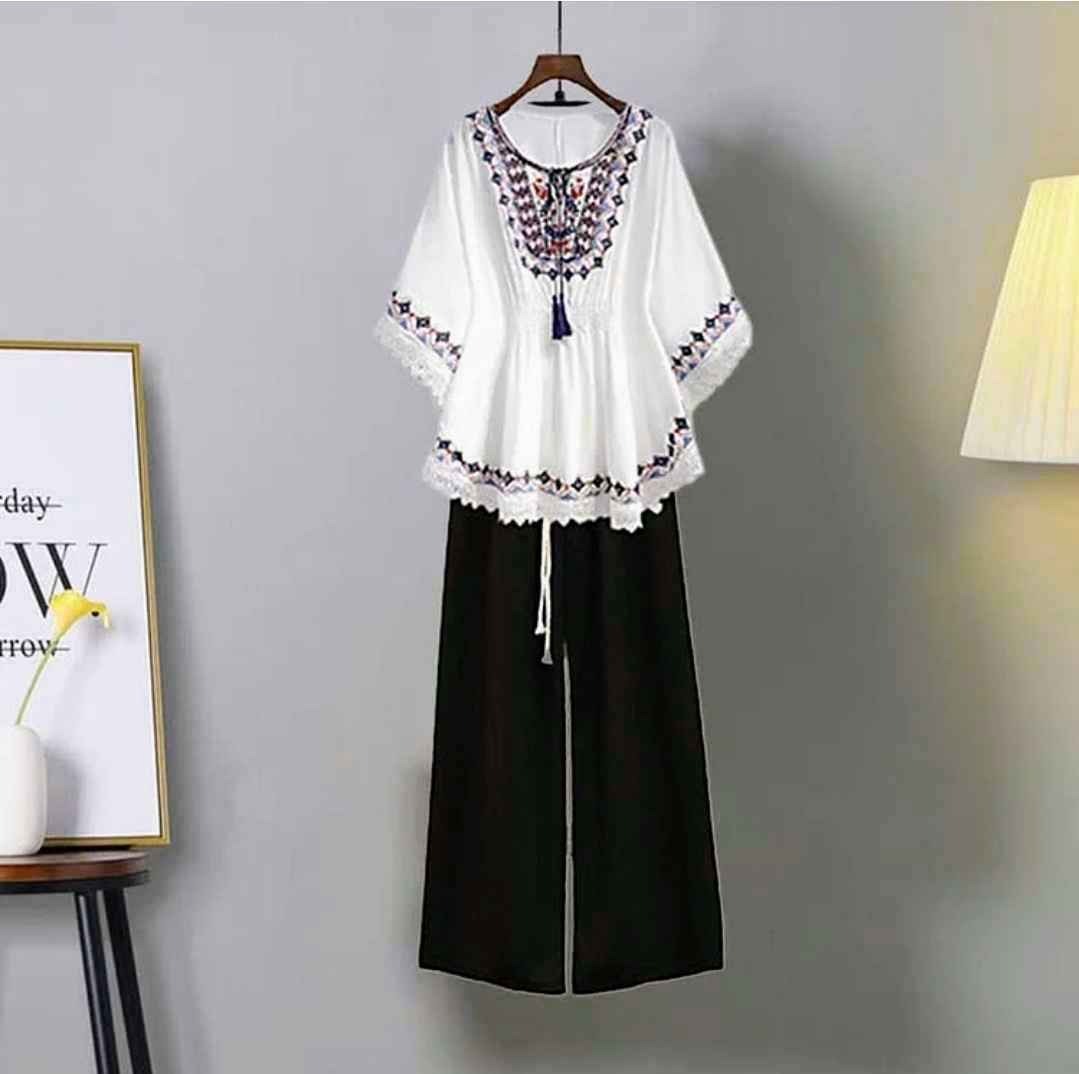 Vintage Embroidery Shirt Wide Leg Causal Pants Set