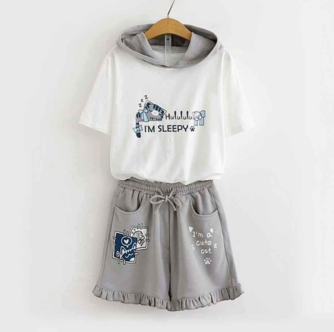 Sleepy Cat Print Top Ruffle Shorts Two Piece Set