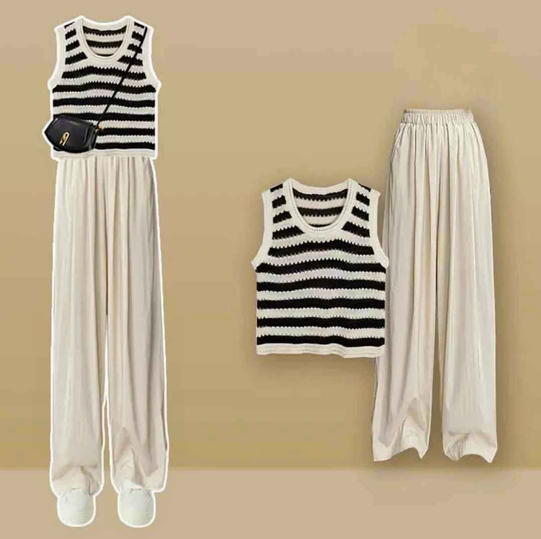 Colorblock Stripe Vest High Waist Pocketed Wide Leg Casual Pants
