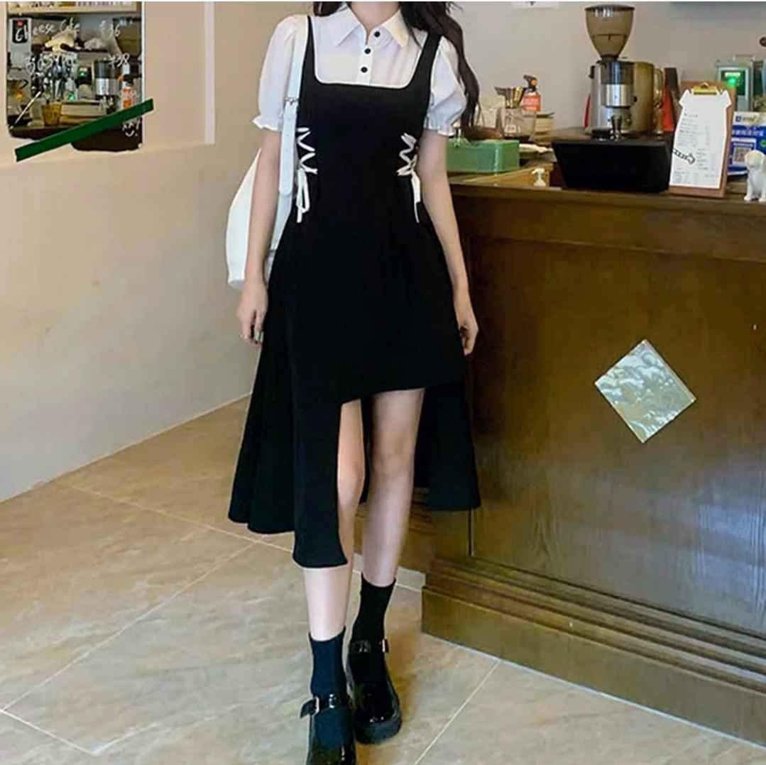 Irregualr Lapel Collar Puff Sleeve Lace Up Fake Two Piece Dress
