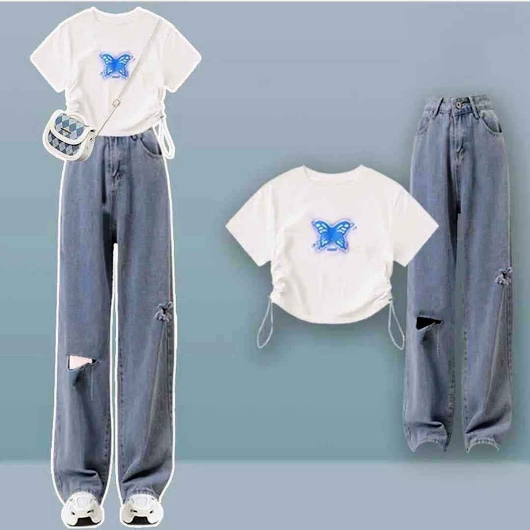 Butterfly Print Draw String T-Shirt Pocketed Cargo Pants