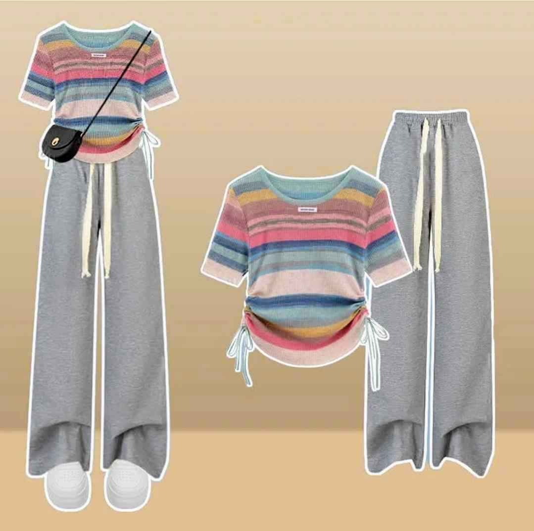 Rainbow Stripe T-Shirt Casual Draw String Wide Leg Shorts Pants