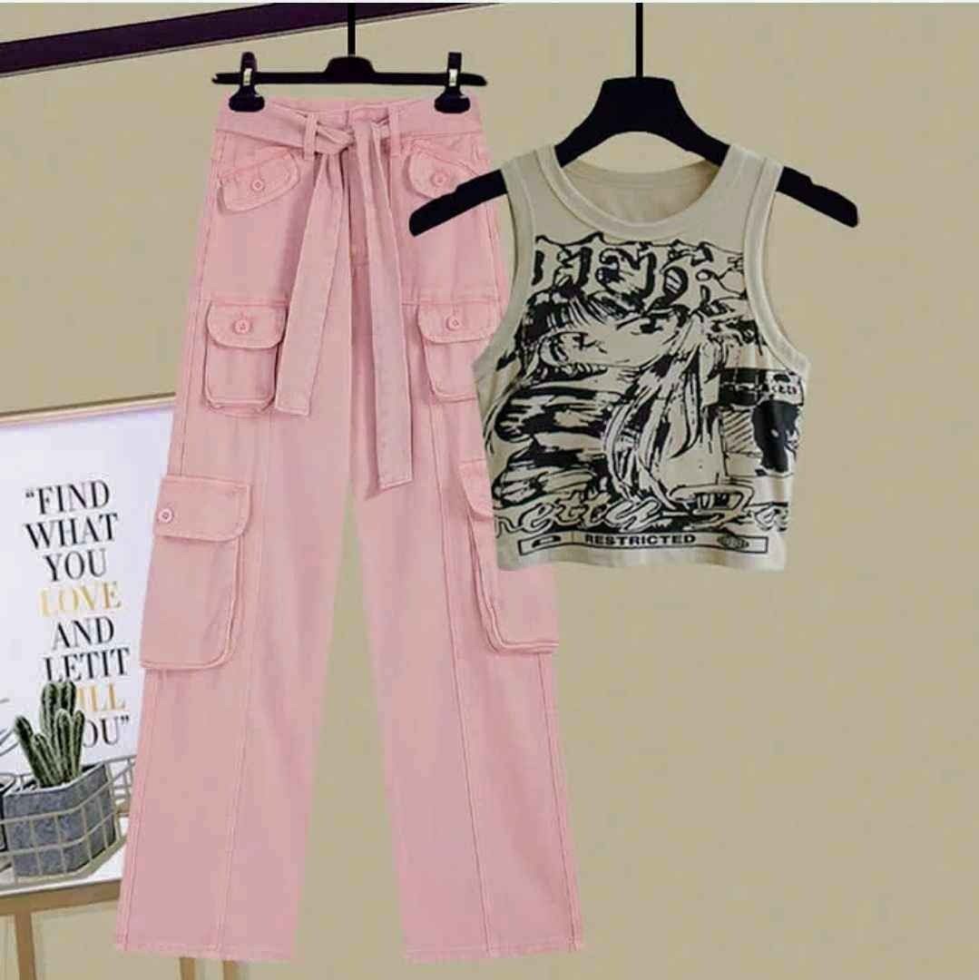 Vintage Graphic Cami Top Casual Cargo Pants