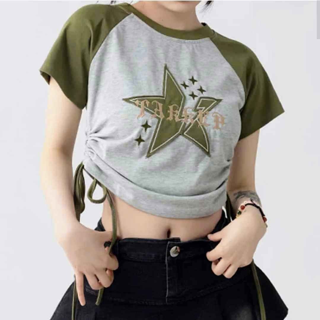 Colorblock Star Letter Print Drawstring Crop Top T-Shirt
