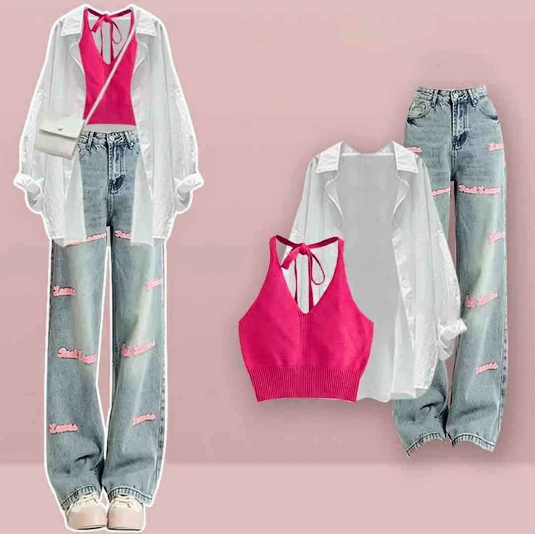 Halter Cami Top Laple Loose Shirt Letter Embroidery Casual Denim Pants