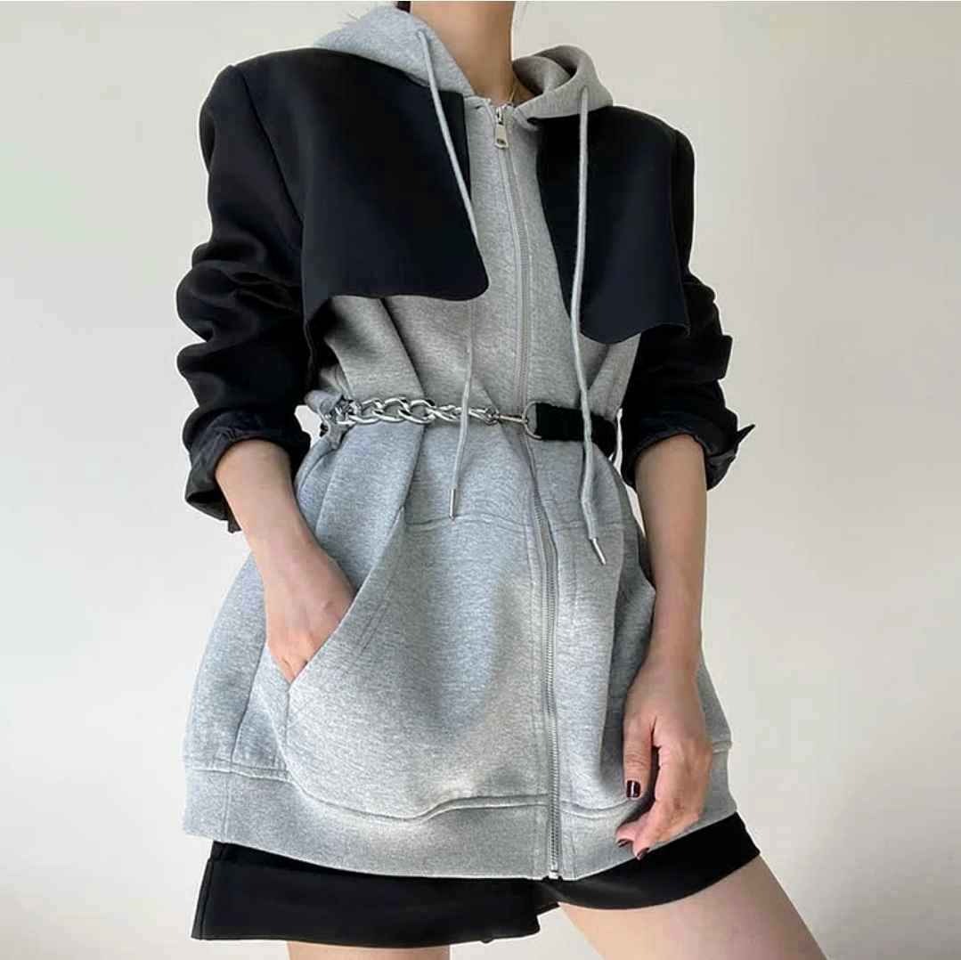 Colorblock Fake Two Pieces Belted Zipper Hooded Sweatshirt