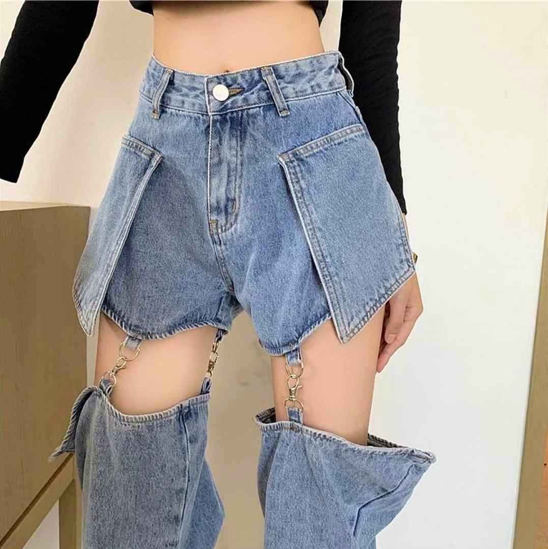 Hollow Straight High Waist Detachable Denim Jeans