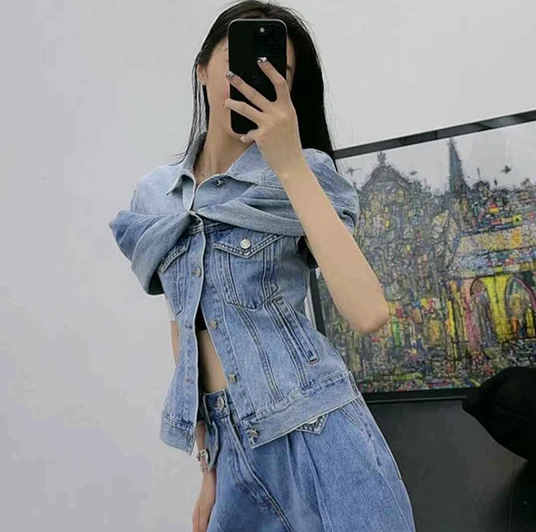 Chic Fake Two Pieces Patchwork Casual Denim Top