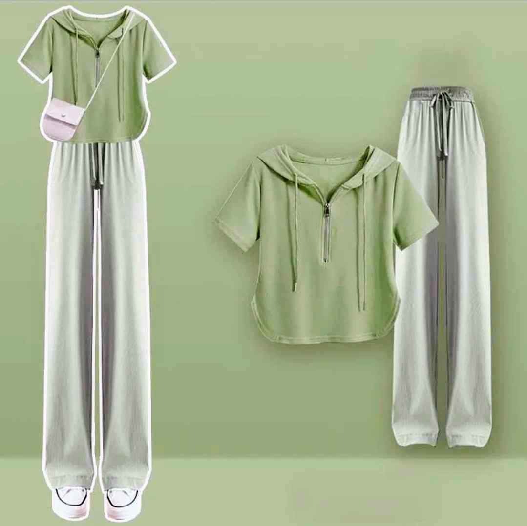 Zipper Draw String Hooded T-Shirt Casual Wide Leg Pants