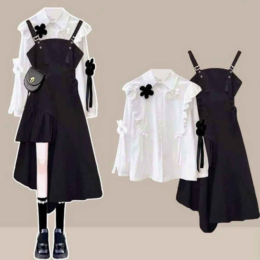 3D Flowers Flouncing Lapel Shirt Irregular Lace Up Suspender Dress
