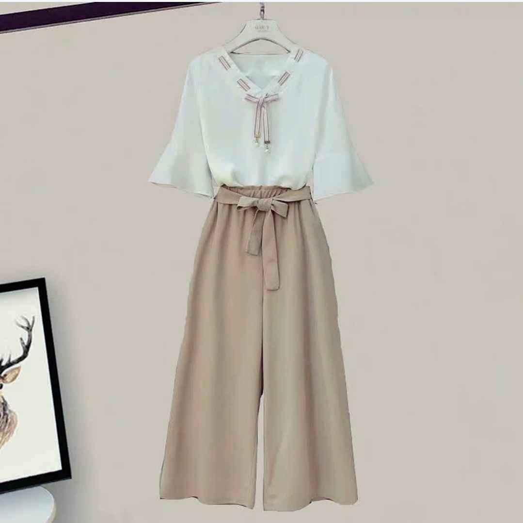 V-neck Bowknot Chiffon T-Shirt Lace Up Wide Leg Pants