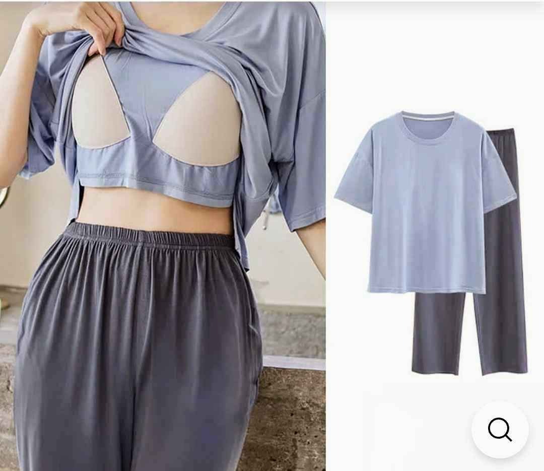Short Sleeve Top Pants Summer Pajamas Set With Breast Pads