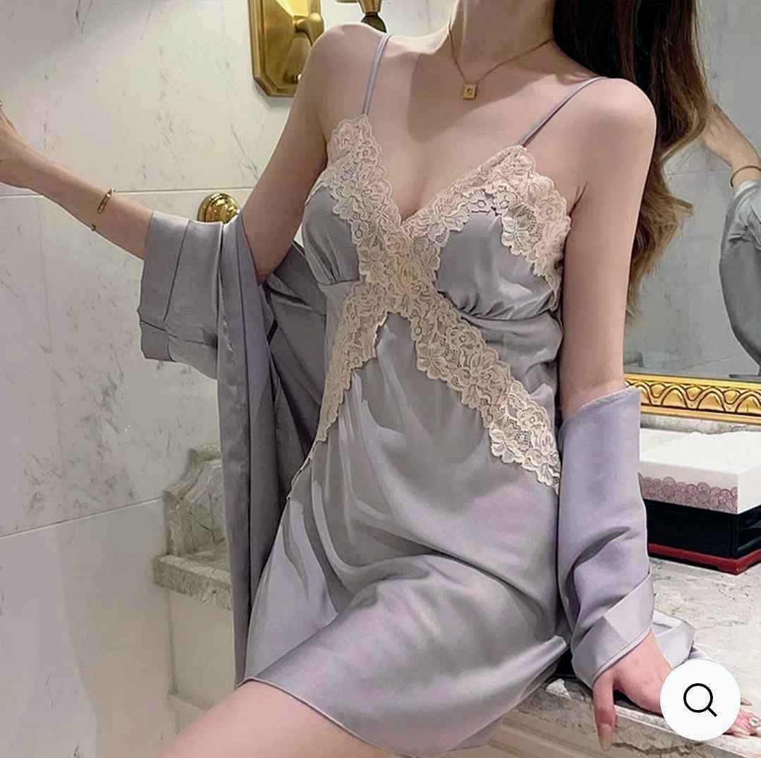 V-neck Lace Satin Nightdress Kimono Robes Two Pieces