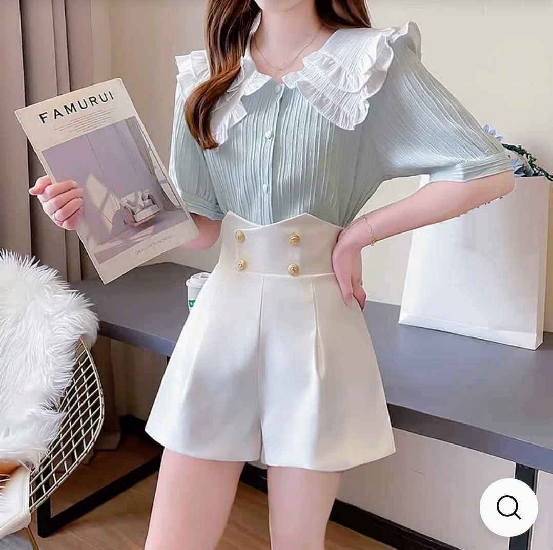 Doll Collar T-Shirt High Waist Shorts Two Pieces Set