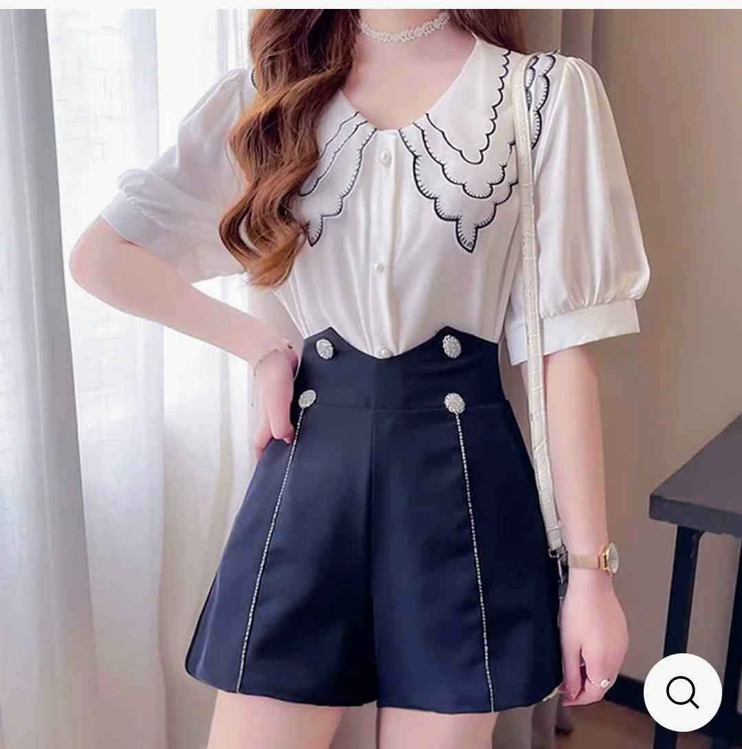 Doll Collar Chiffon T-Shirt High Waist Shorts Two Pieces Set