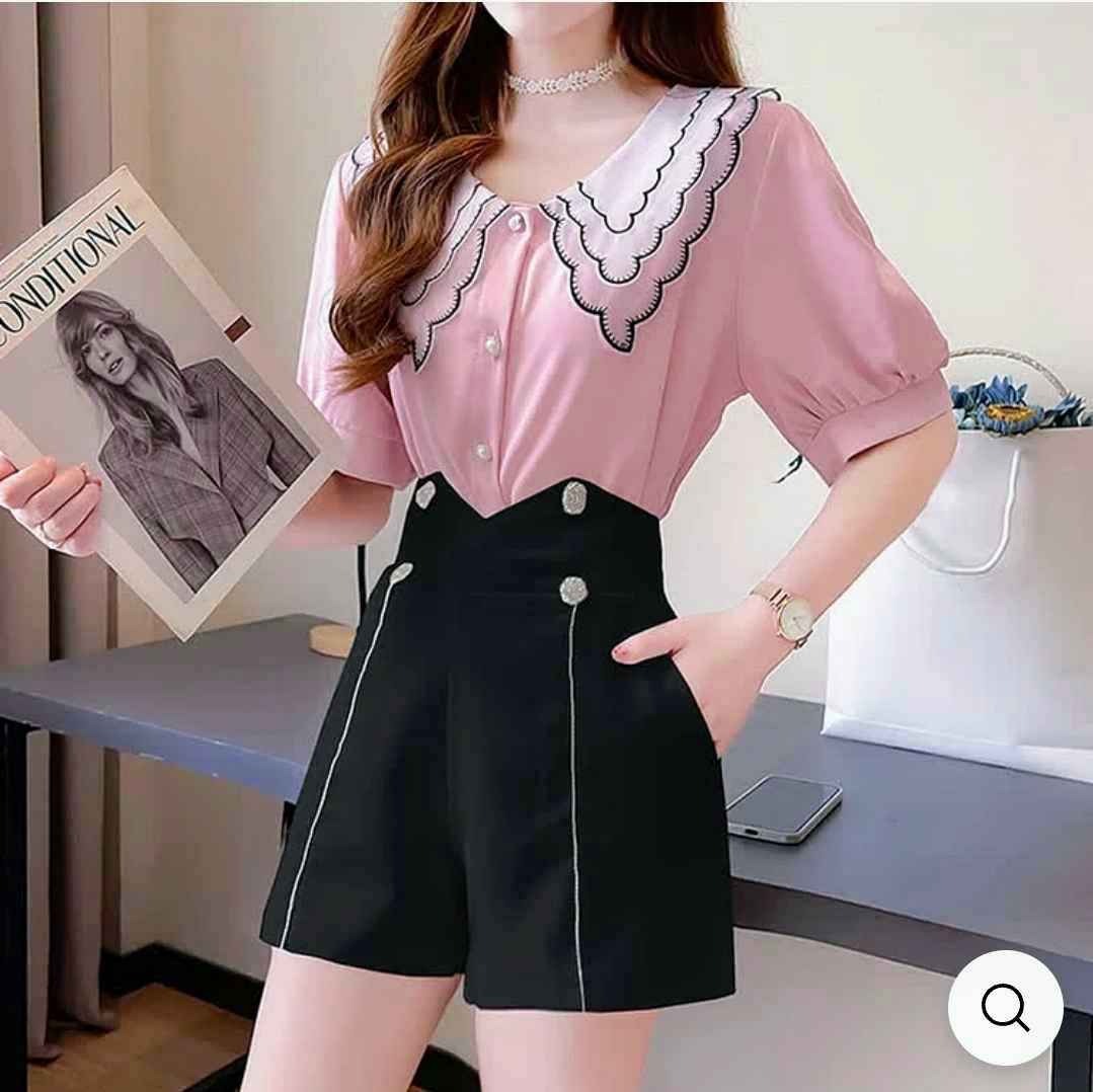 Doll Collar Chiffon T-Shirt High Waist Shorts Two Pieces Set