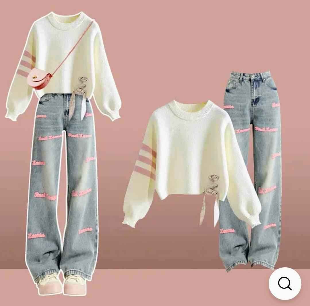 Lace Up Stripe Sleeve Sweater Letter Embroidery Casual Denim Pants