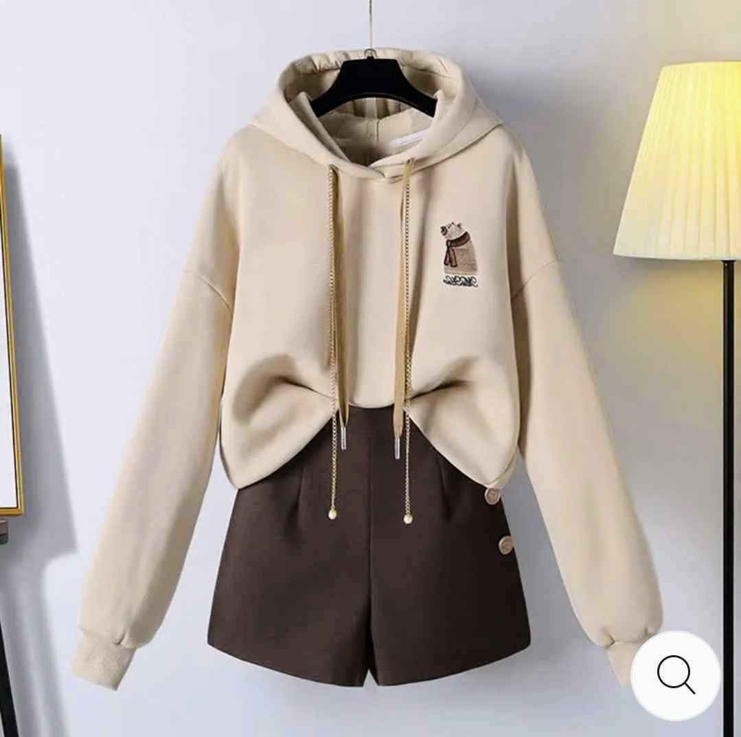 Vintage Bear Embroidery Draw String Hoodie High Waist Shorts