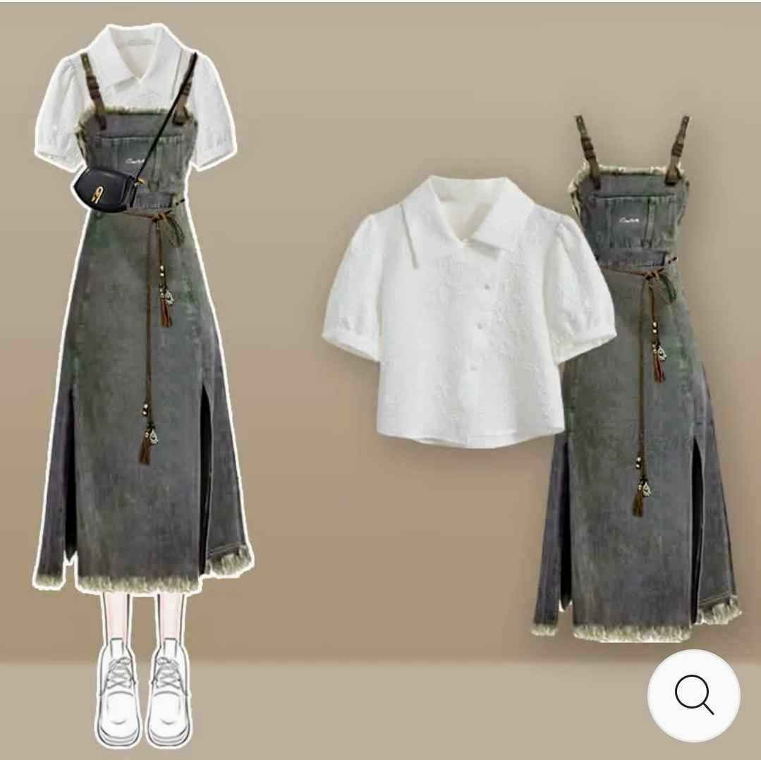 Chic Puff Sleeve Crop T-Shirt Split Denim Overall Dress