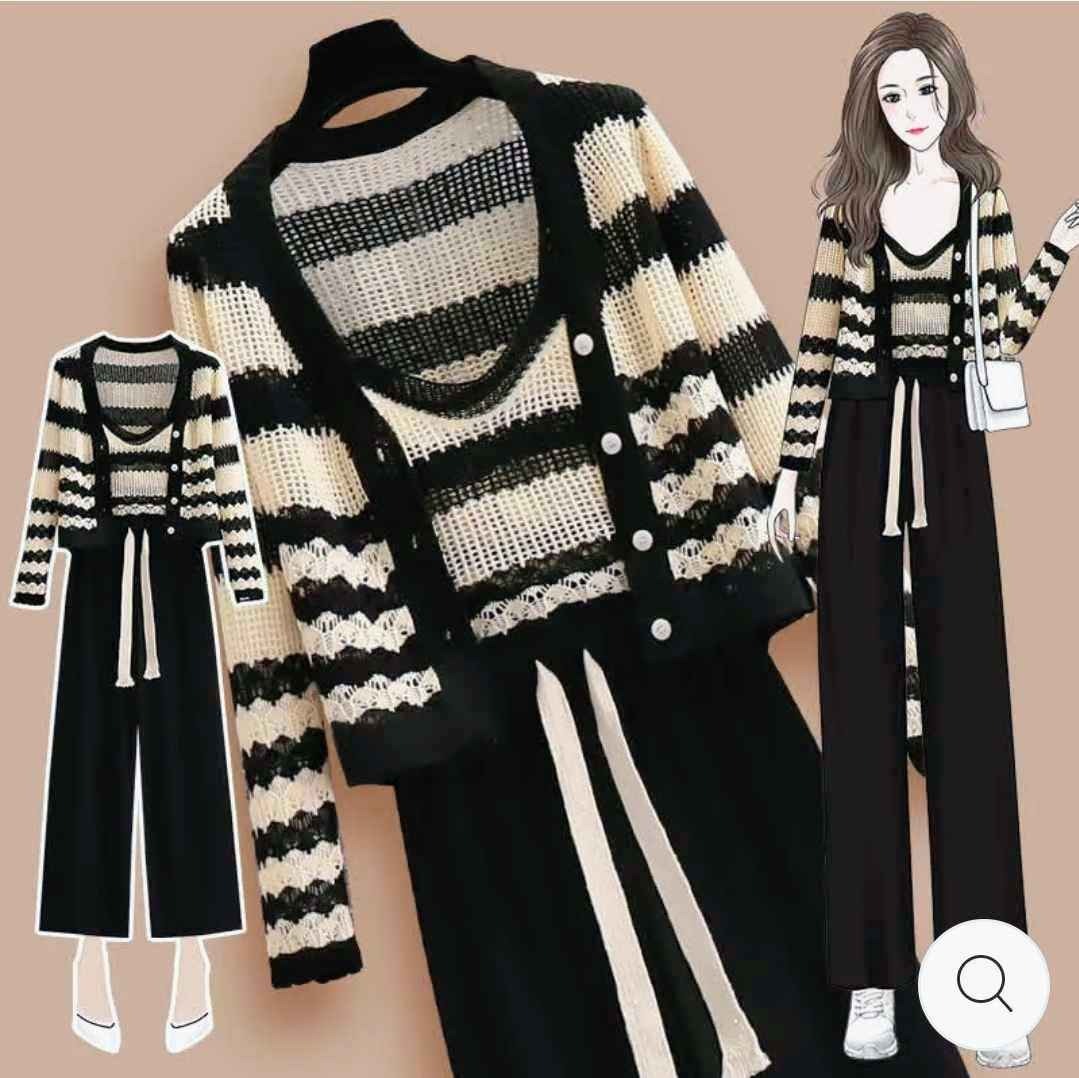 Chic Colorblock Stripe Print Tank Top Cardigan Causal Pants