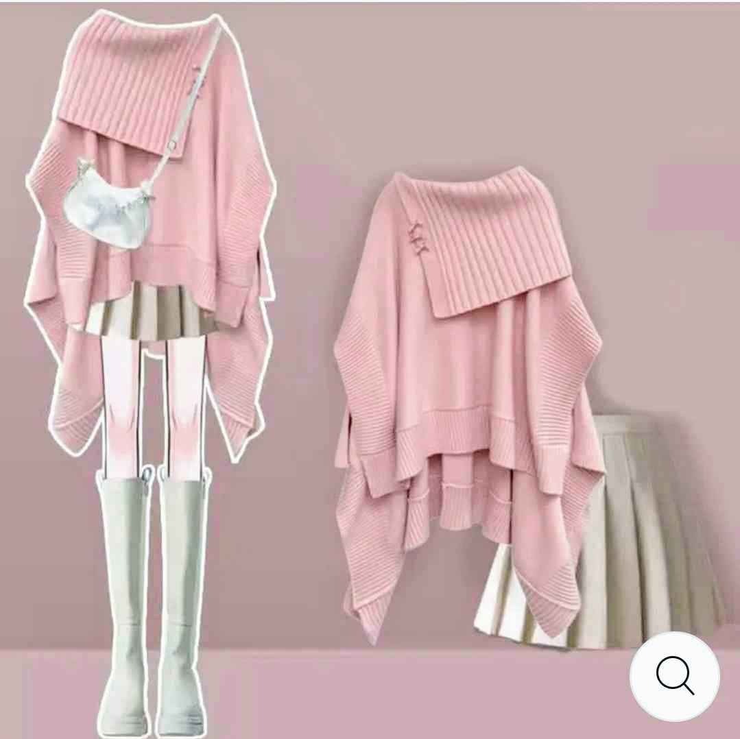 Irregular Off The Shoulder Loose Cloak Sweater Pleated Skirt