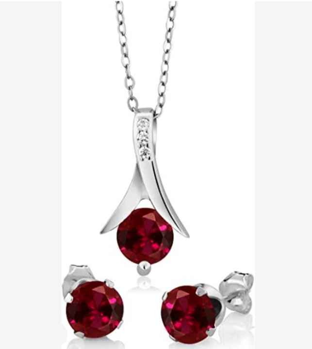 Gem Stone King 925 Sterling Silver Created Ruby Pendant and Earrings Set For Women, 2.40 Ct Round Cut With 18 Inch Silver Chain