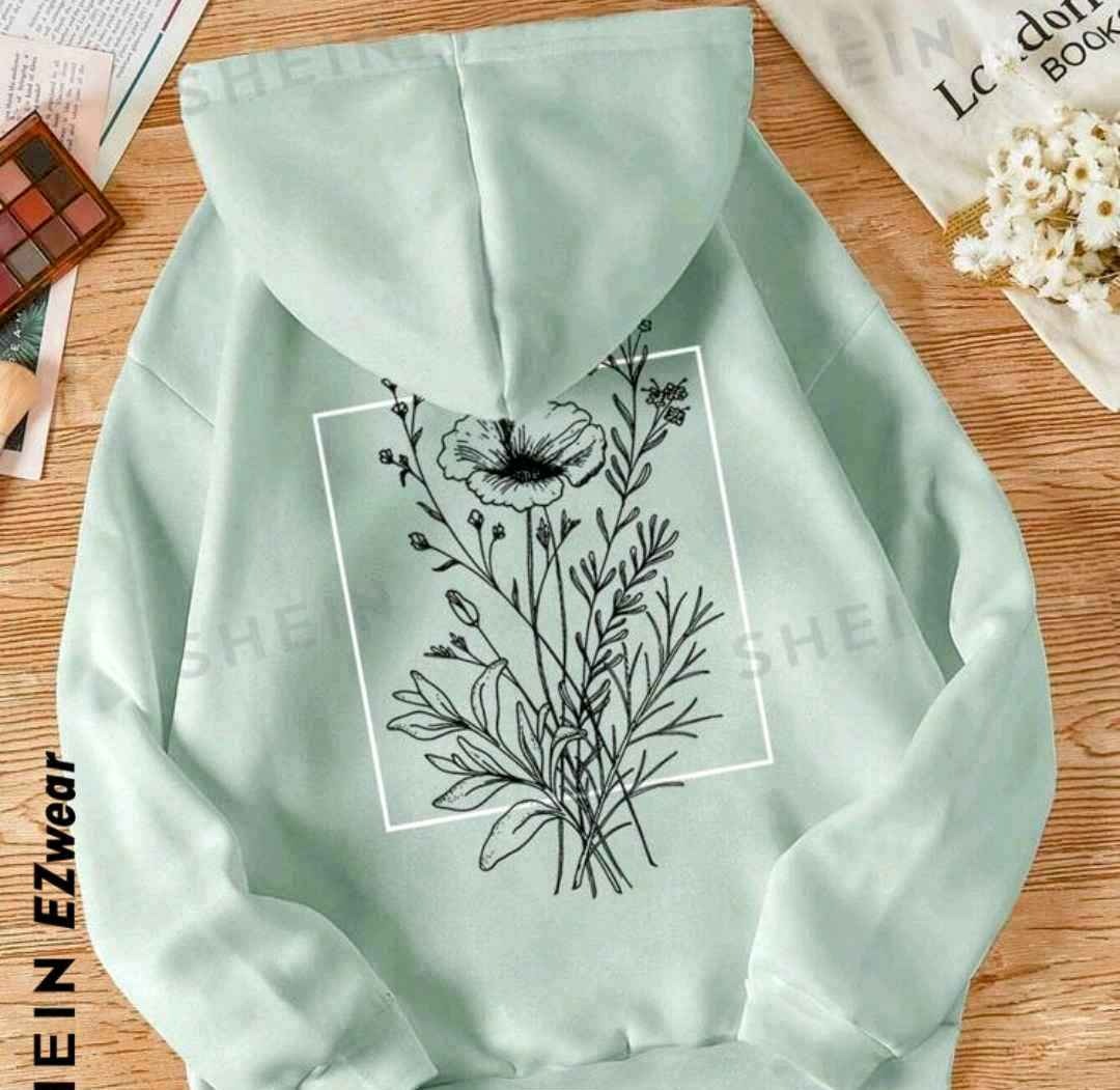 Floral Print Kangaroo Pocket Drawstring Thermal Lined Hoodie