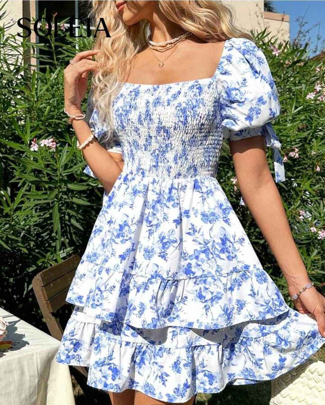 Soleia Women'S Resort Style Square Neck Floral Print Puff Sleeve Ruffle Hem Dress,Summer Dresses For Women,Pastel Dresses For Women