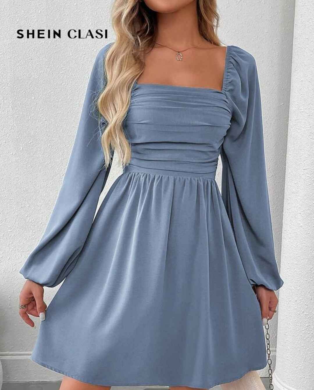 Solid Color Ruffle Square Neck Lantern Sleeve Dress