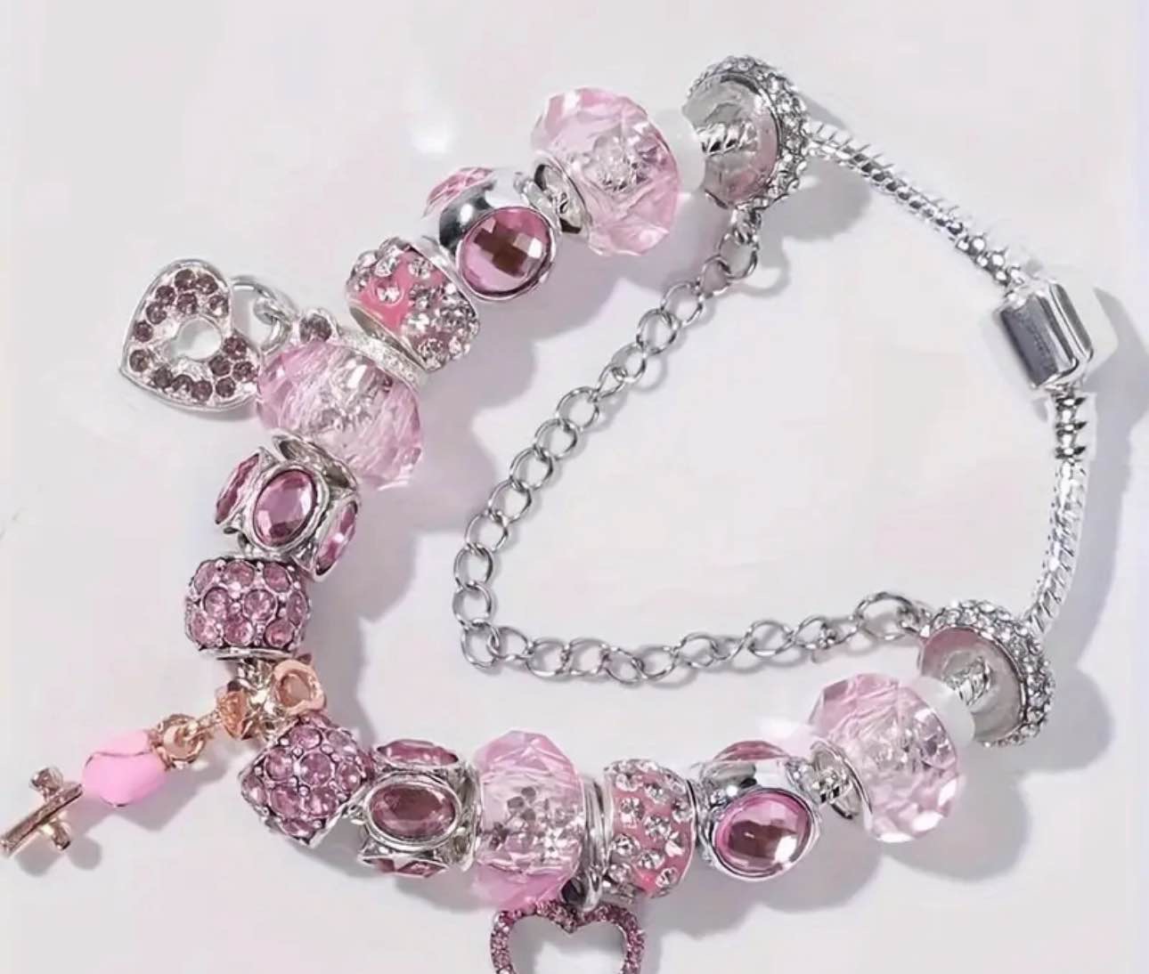1pc Sparkly Beaded Bracelet With Heart & Flower Charms, Ideal Choice For Gifts