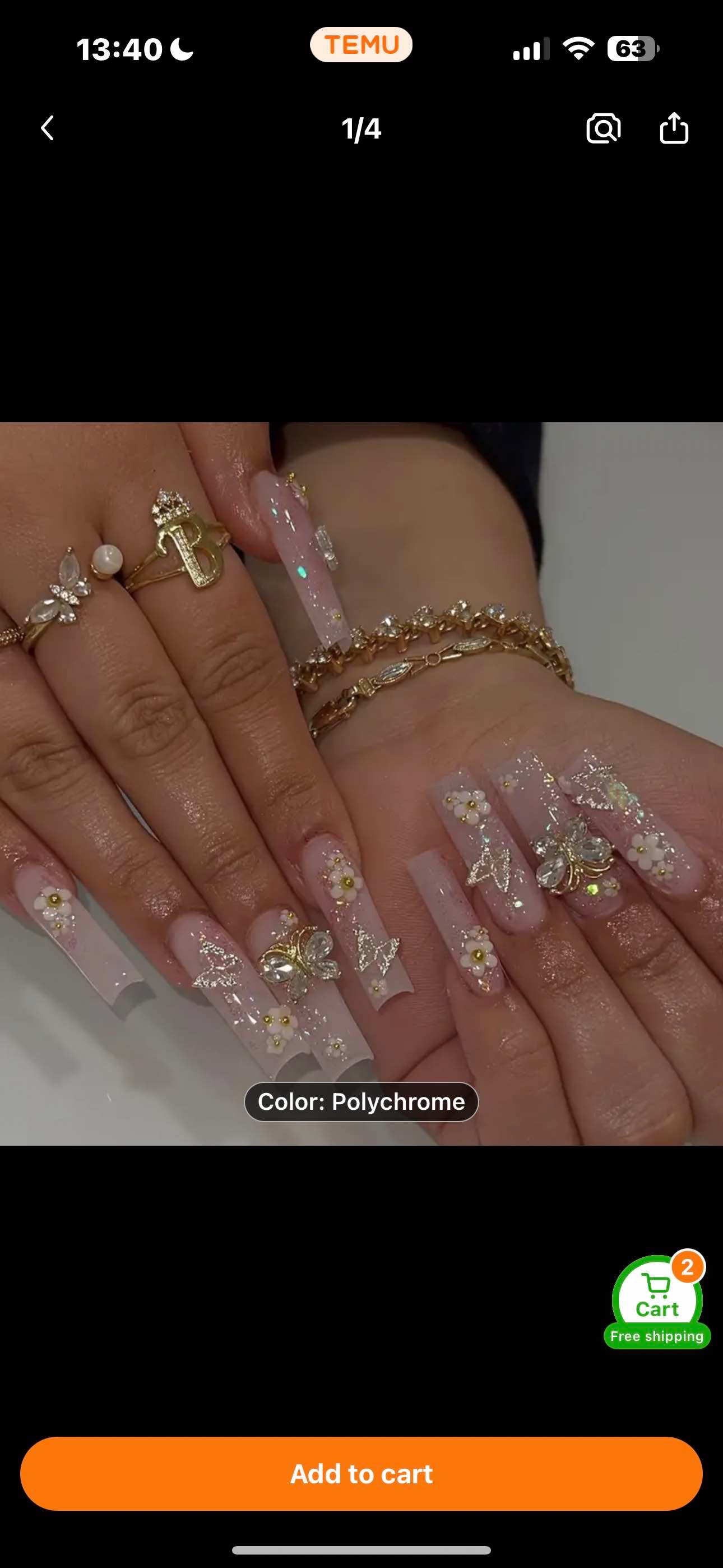 24pcs Glossy Pink Long Square Fake Nails, Romantic Press On Nails With 3D Flower Butterfly Rhinestone Design, Sweet Cool Full Cover False Nails For Women Girls