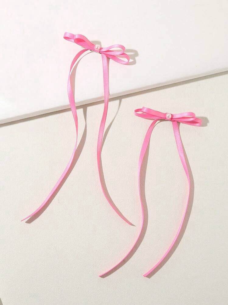Kawaii 2pcs Pink Ballet Style Bowknot Hair Clips With Long Ribbon Tassels, Suitable For Daily Wear
