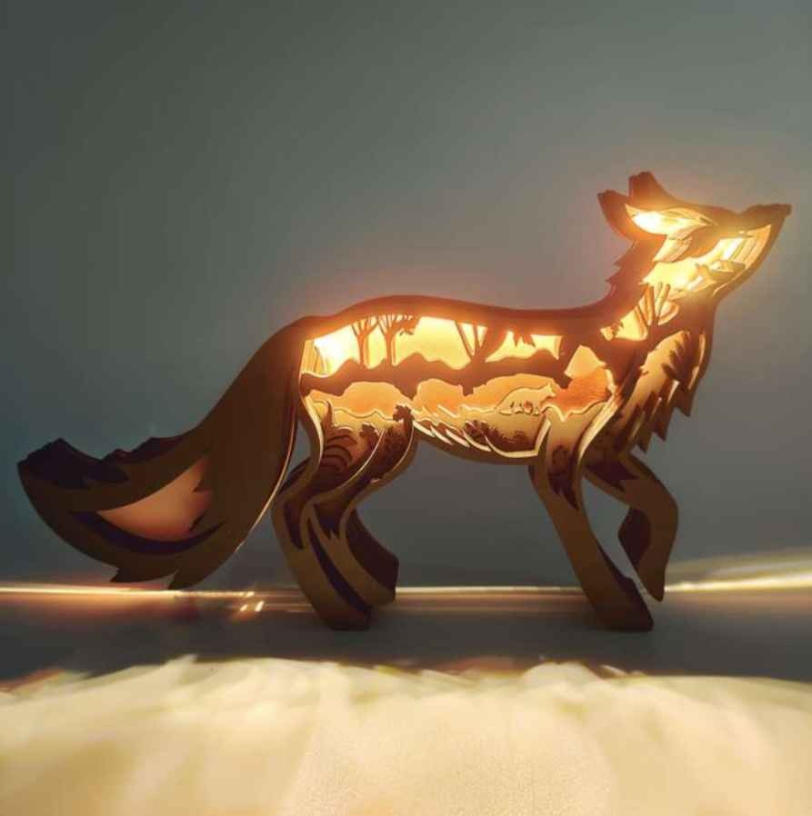 Fox Wooden Animal Statues, for Home Desktop Decor Room Wall Decor, LED Night Light