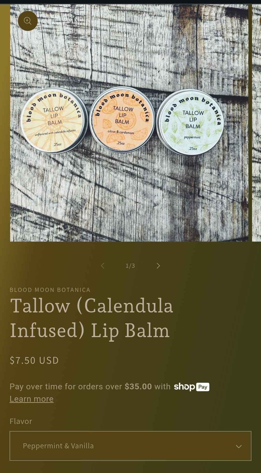 Tallow Lip Balm vanilla and peppermint scent