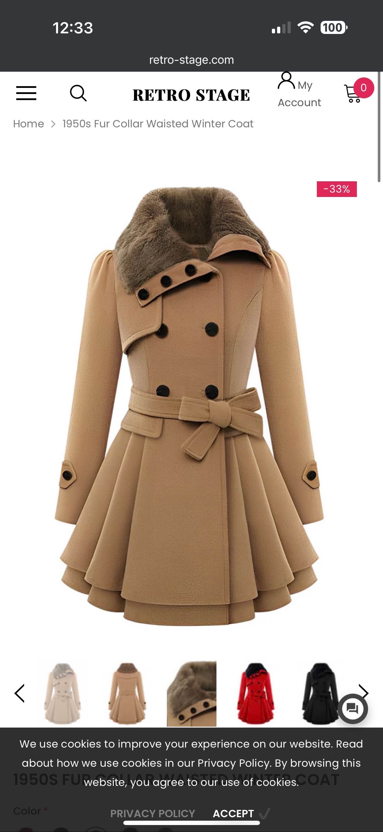 1950s Fur Collar Waisted Winter Coat
