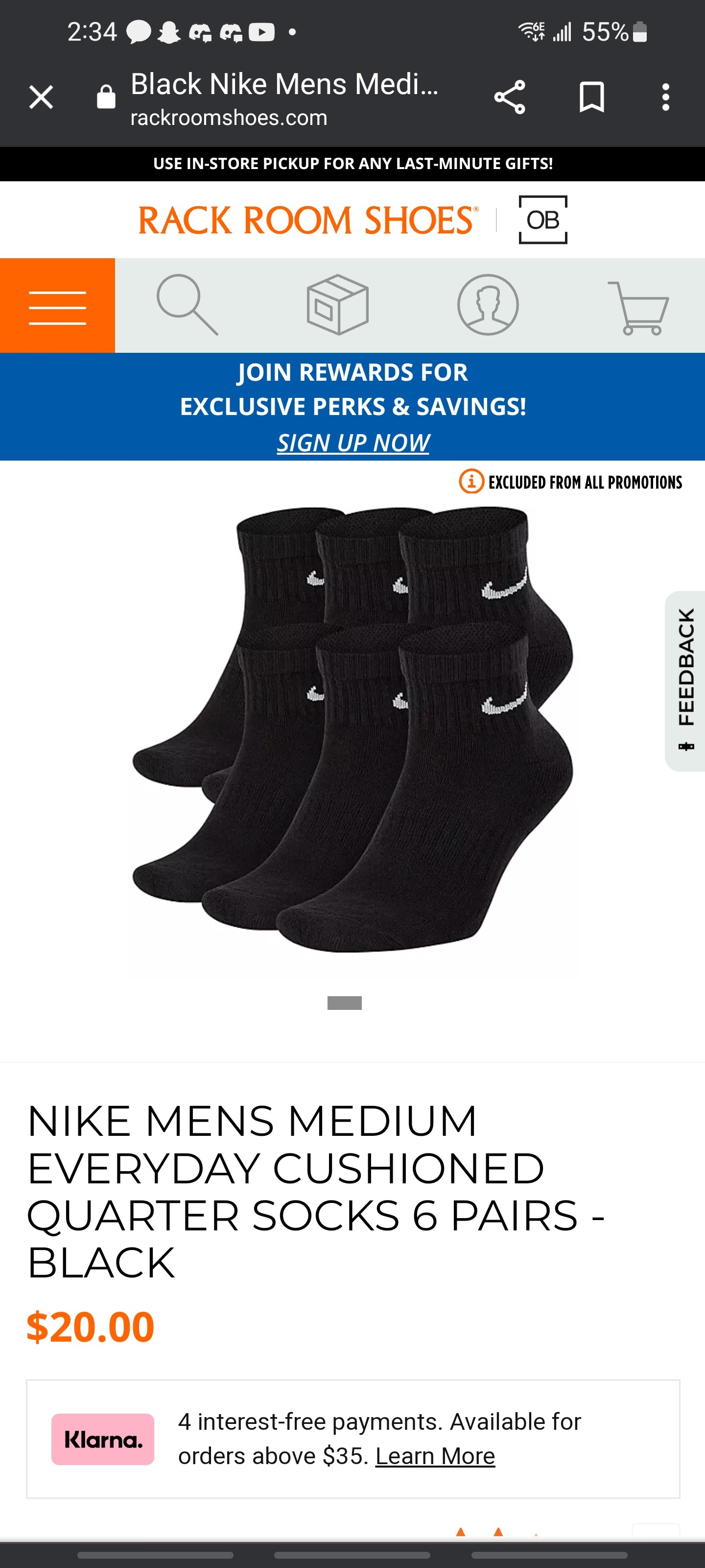 NIKE MENS MEDIUM EVERYDAY CUSHIONED QUARTER SOCKS 6 PAIRS - BLACK