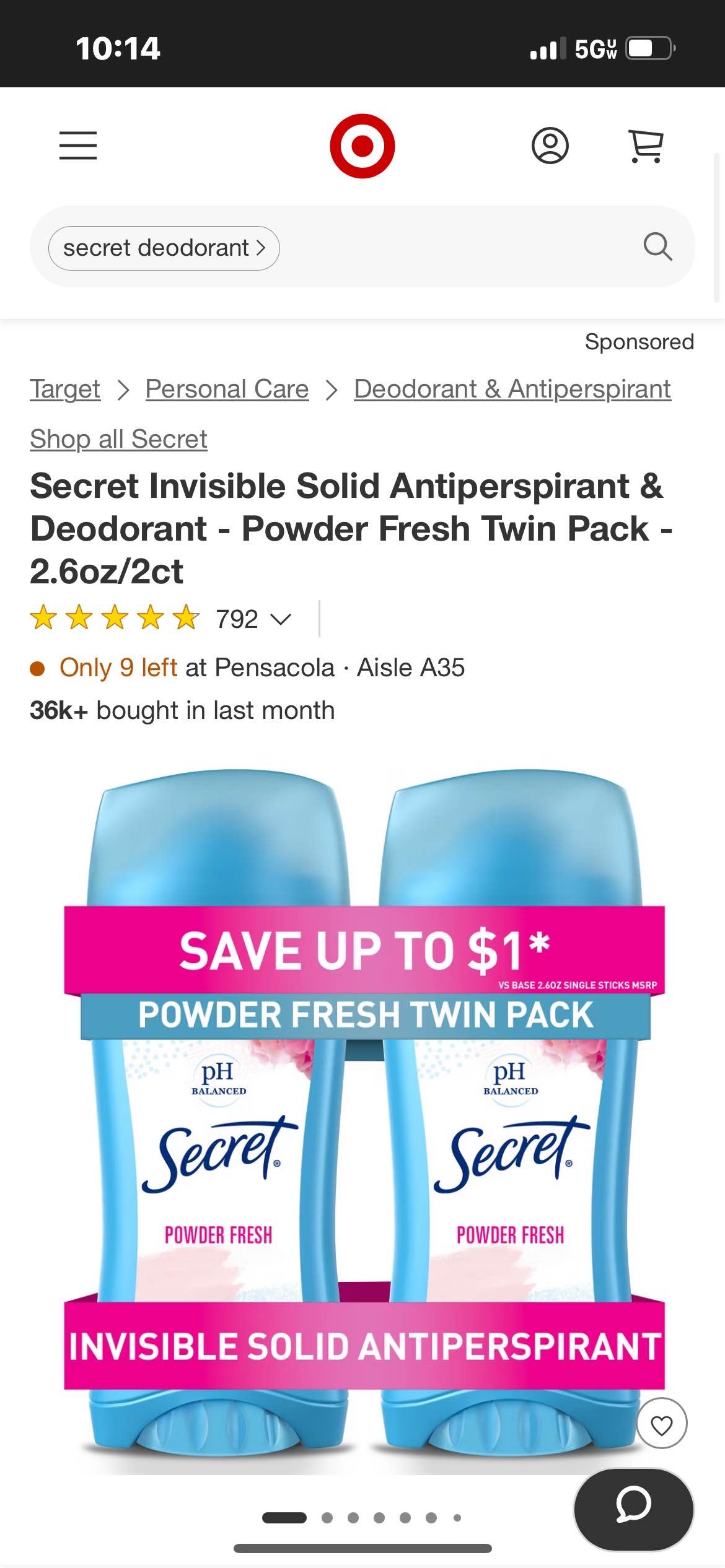 Secret Invisible Solid Antiperspirant & Deodorant - Powder Fresh Twin Pack 2.6oz/2ct