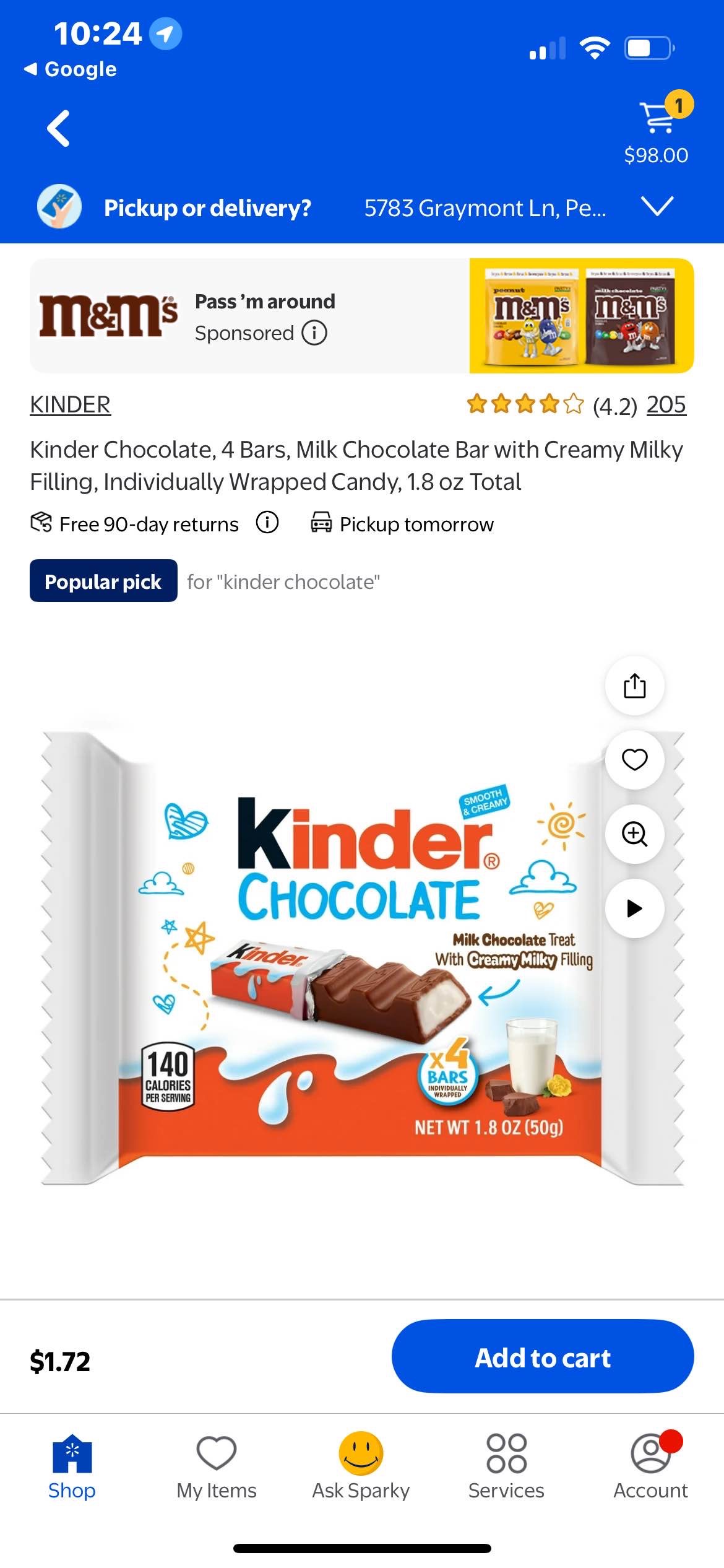 Kinder Chocolate, 4 Bars, Milk Chocolate Bar with Creamy Milky Filling, Individually Wrapped Candy, 1.8 oz Total