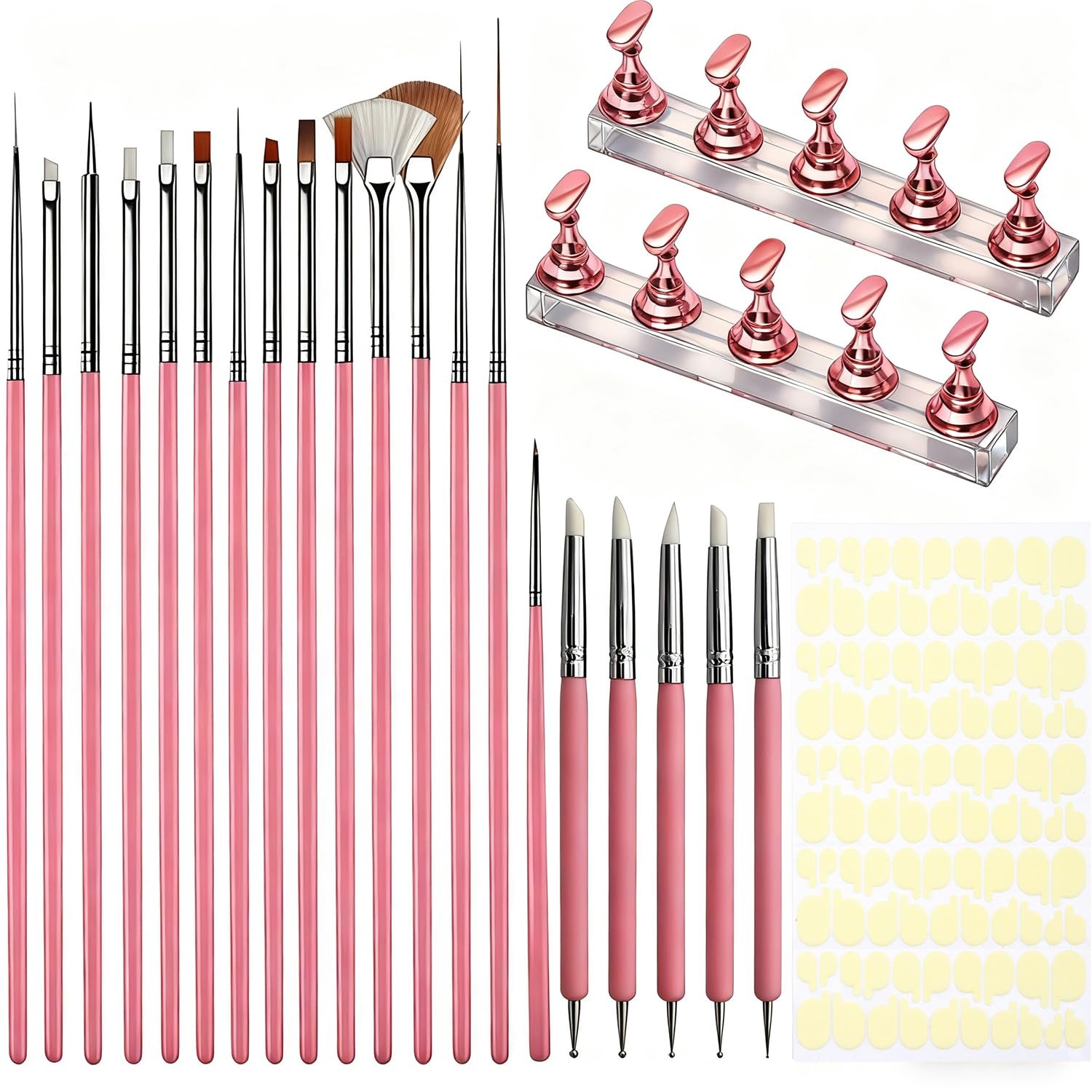 AIBEE Nail Art Tools Set, 15Pcs Nail Art Brushes 2Pcs Nail Stand for Press On 5Pcs Dual Tipped Nail Dotting Tool and Sculpture Pen with Tape Nail Holder for Painting DIY Press On Nails