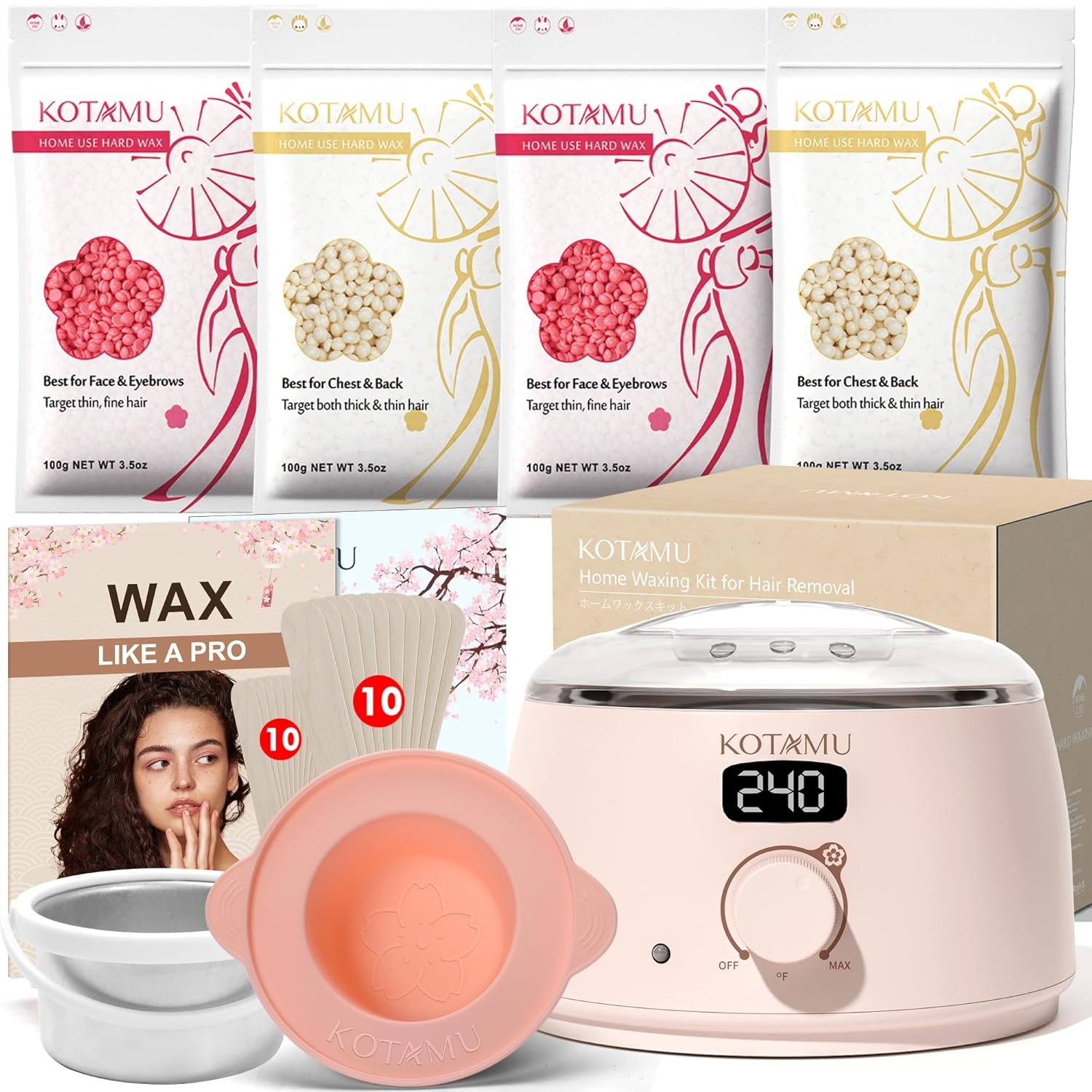 KOTAMU WaxKit Pink Digital Hair Removal Waxing Kit for Women & Men Hot Wax Warmer Pot for Face, Eyebrow, Body, Brazilian, Bikini, Sensitive Skin Waxing Machine with 25 Accessories for Home Salon
