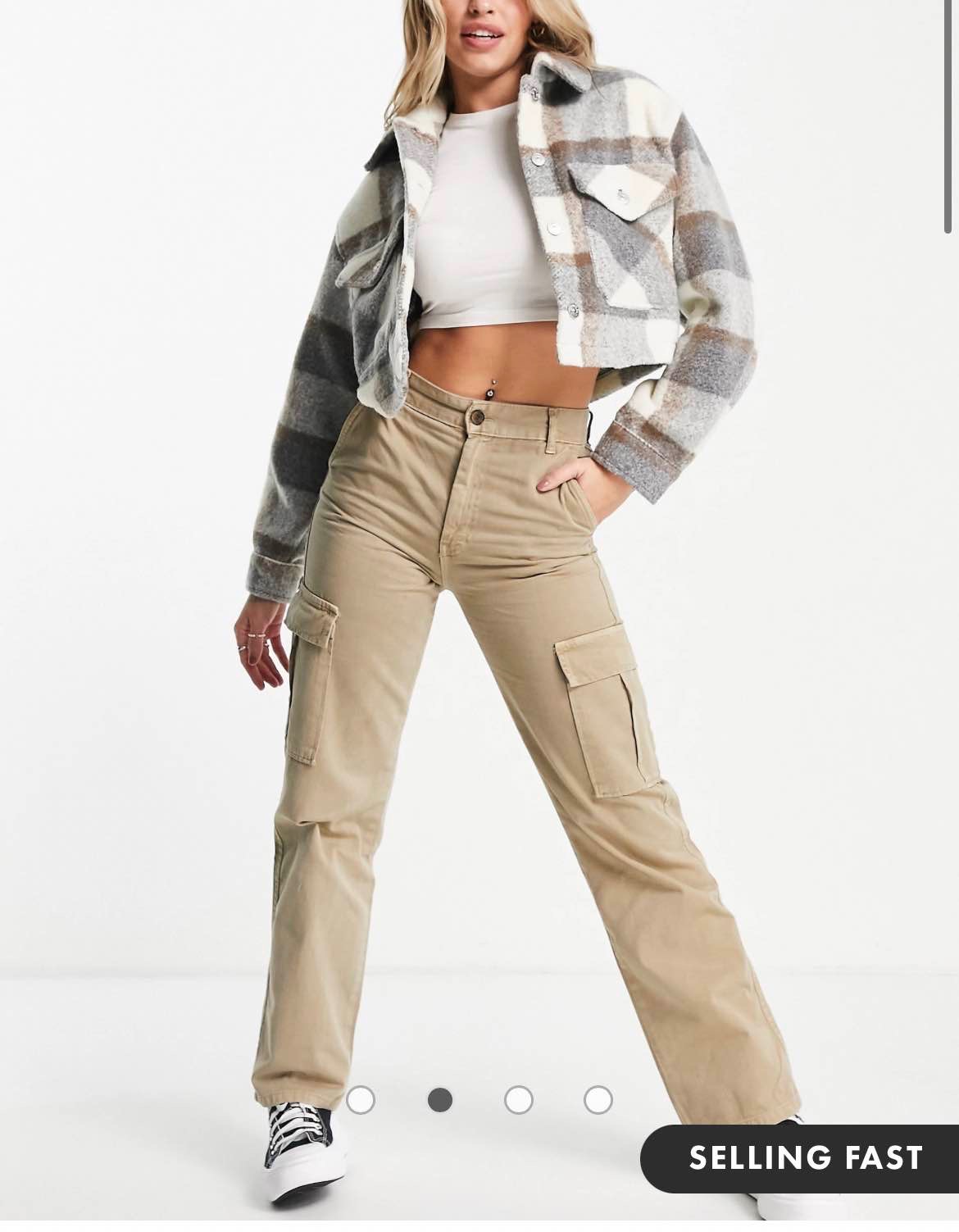 Stradivarius straight leg cargo pants in stone