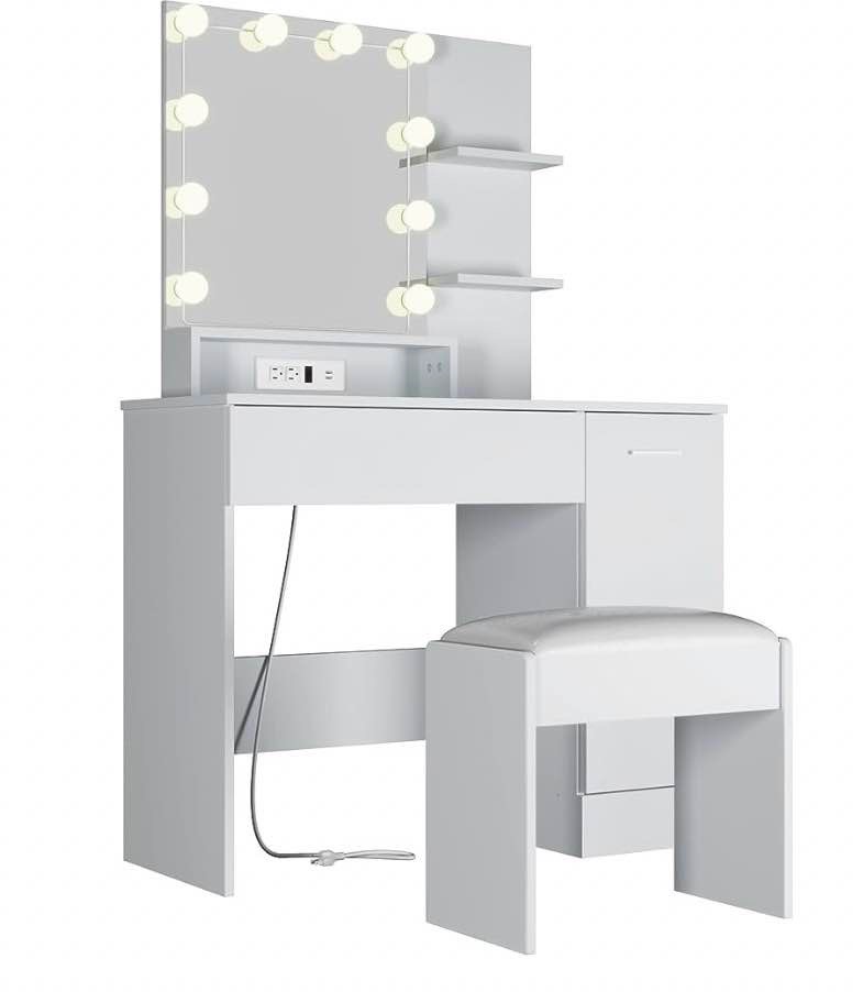 Cozy Castle White Vanity Desk with Charging Station and Drawer, Makeup Vanity Desk with DIY Mirror and Lights, Vanity Table for Bedroom, Living Room