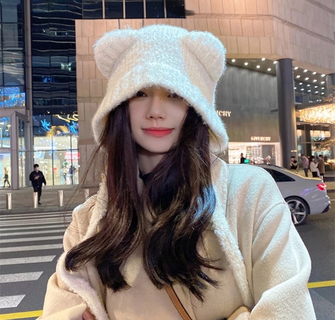 Cute Plush Animal Critter Hat Cap with Y2K Ear Flaps Fuzzy Bear Hat Soft Warm Winter Hat Beanie