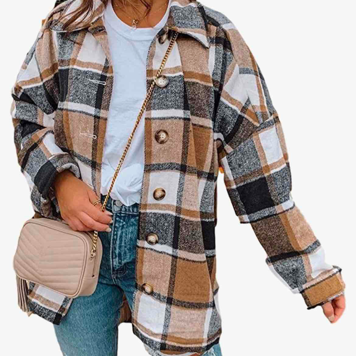 Yeokou Women's Fall Color Block Plaid Flannel Shacket Jacket Button Down Shirt Coat Tops